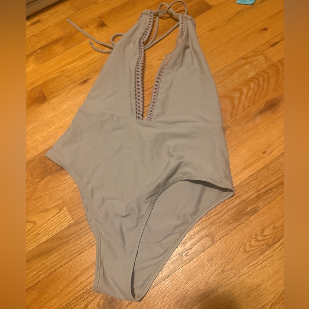 Aerie Gray Plunge Halter One Piece Swimsuit Size M